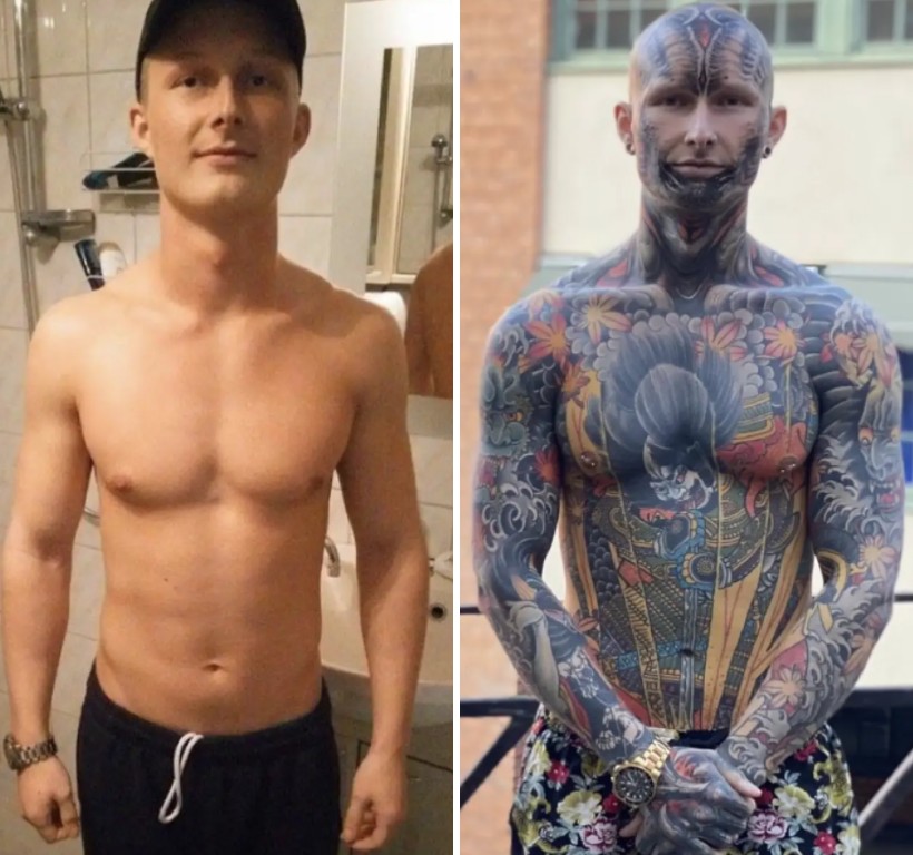 25-åringen blev helt oigenkännlig efter att ha täckt 95 procent av kroppen med tatueringar - överkropp