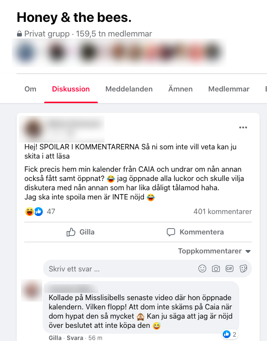 Kommentar i tjejgruppen Honey & the bees på Facebook