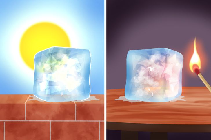 Utmaningen: Smälter isbiten snabbare i solen eller av elden från en tändsticka? 